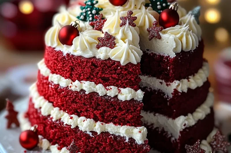 Festive Red Velvet Christmas Tree Cake with Cream Cheese Frosting & Edible Ornaments