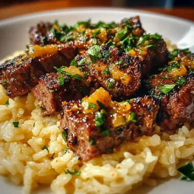 Garlic Butter Cajun Steak Bites and Cheddar Rice
