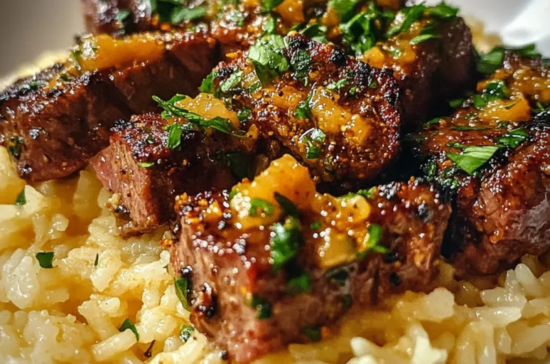 Garlic Butter Cajun Steak Bites and Cheddar Rice