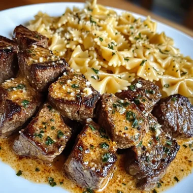 Garlic Butter Steak Bites with Cheesy Bowtie Pasta in Cheddar Sauce