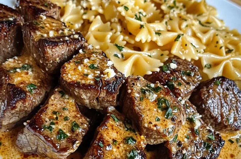 Garlic Butter Steak Bites with Cheesy Bowtie Pasta in Cheddar Sauce