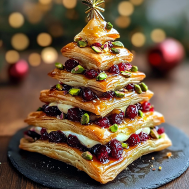 Golden Brie-Stuffed Cranberry Puff Pastry Christmas Tree with Pistachios & Honey Drizzle