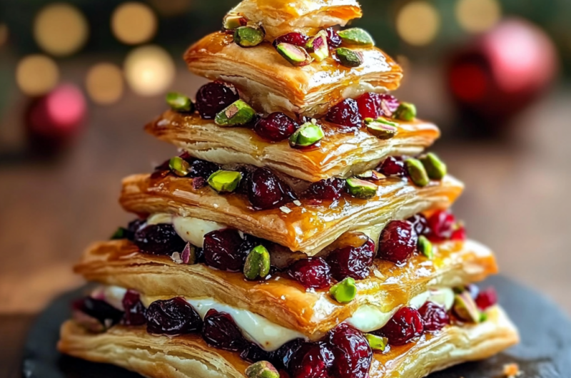 Golden Brie-Stuffed Cranberry Puff Pastry Christmas Tree with Pistachios & Honey Drizzle