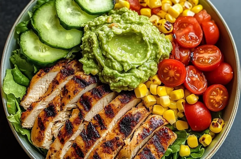 Grilled Chicken Burrito Bowl with Guacamole, Corn & Fresh Veggies