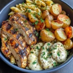 Grilled Herb Chicken Bowl with Garlic Cream Pasta & Crispy Potatoes