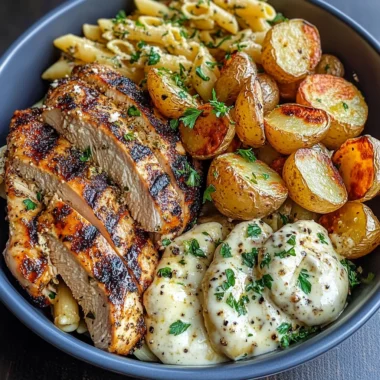 Grilled Herb Chicken Bowl with Garlic Cream Pasta & Crispy Potatoes