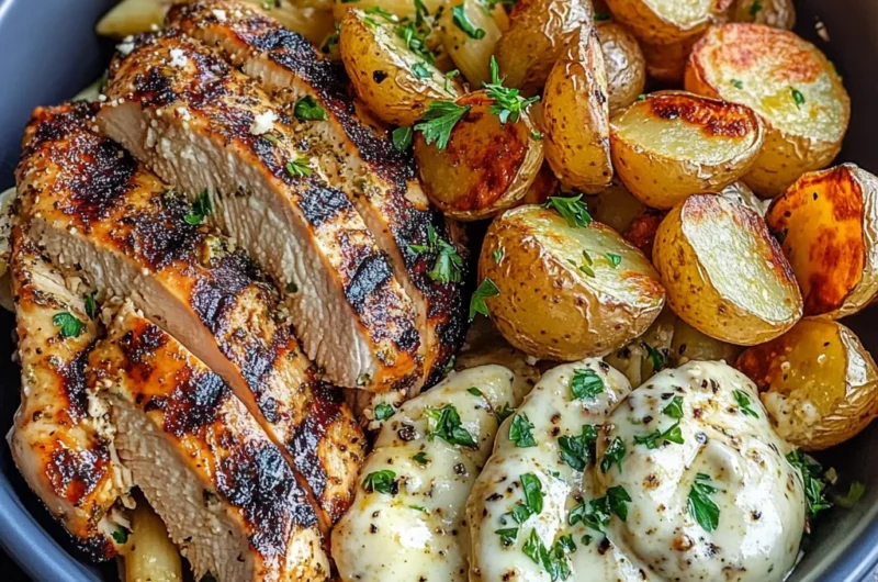 Grilled Herb Chicken Bowl with Garlic Cream Pasta & Crispy Potatoes