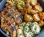 Grilled Herb Chicken Bowl with Garlic Cream Pasta & Crispy Potatoes