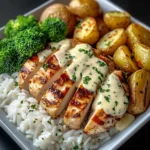 Grilled Lemon Chicken with Creamy Sauce, Rice, Roasted Potatoes & Broccoli
