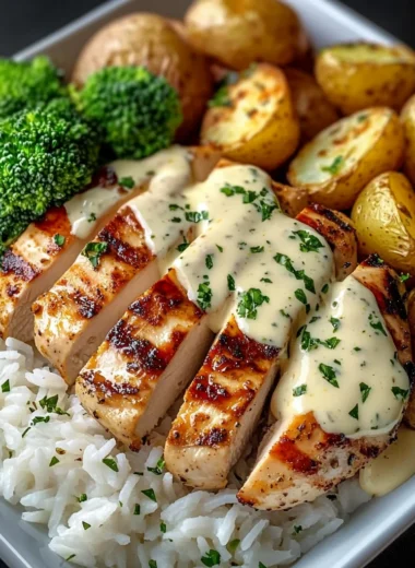 Grilled Lemon Chicken with Creamy Sauce, Rice, Roasted Potatoes & Broccoli