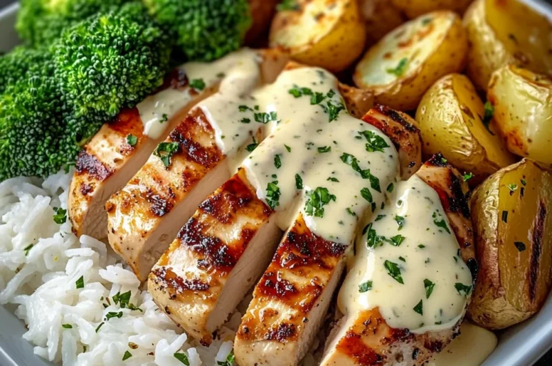 Grilled Lemon Chicken with Creamy Sauce, Rice, Roasted Potatoes & Broccoli