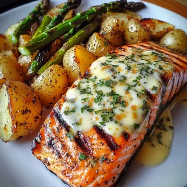 Grilled Salmon with Cheesy Asparagus & Herb-Roasted Potatoes