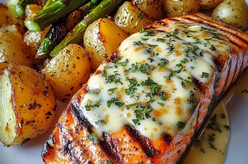 Grilled Salmon with Cheesy Asparagus & Herb-Roasted Potatoes
