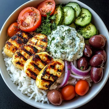Heavenly Grilled Halloumi Bowl with Tzatziki & Greek Salad