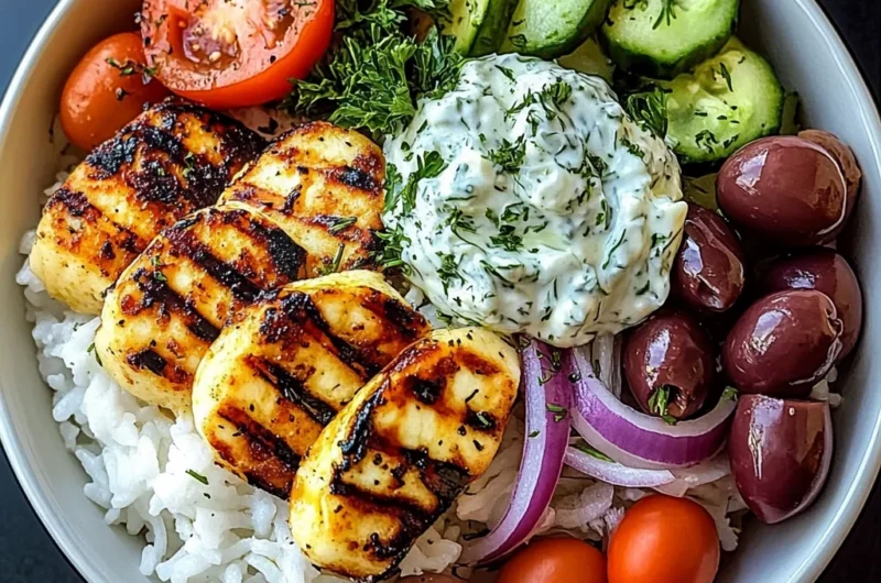 Heavenly Grilled Halloumi Bowl with Tzatziki & Greek Salad