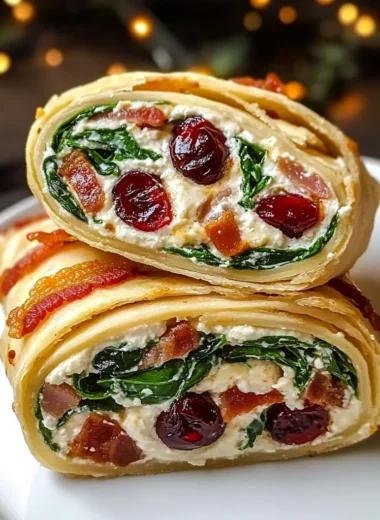 Holiday Cream Cheese Pinwheels with Cranberries, Spinach, Feta & Crispy Bacon