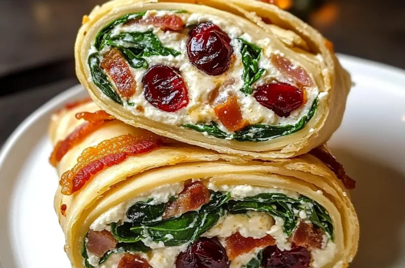 Holiday Cream Cheese Pinwheels with Cranberries, Spinach, Feta & Crispy Bacon