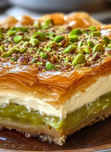 Honey-Drizzled Pistachio Baklava Cheesecake with Crispy Golden Phyllo Layers