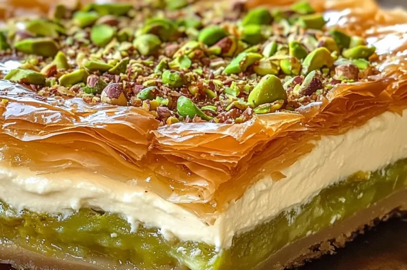 Honey-Drizzled Pistachio Baklava Cheesecake with Crispy Golden Phyllo Layers