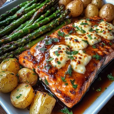 Honey Garlic Glazed Salmon with Cheesy Baked Asparagus & Roasted Baby Potatoes