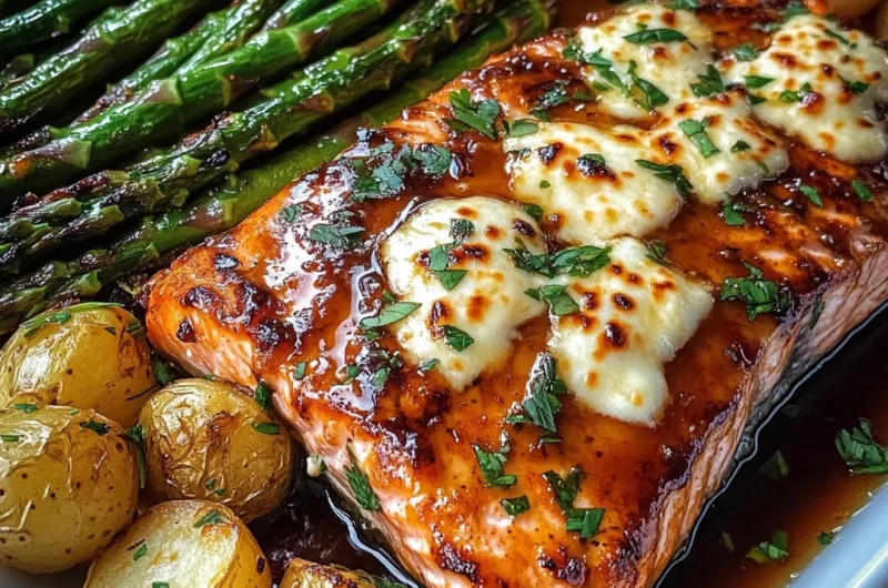 Honey Garlic Glazed Salmon with Cheesy Baked Asparagus & Roasted Baby Potatoes