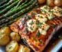 Honey Garlic Glazed Salmon with Cheesy Baked Asparagus & Roasted Baby Potatoes