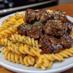 Honey Garlic Velveeta Steak Bites with Cheesy Twisted Pasta