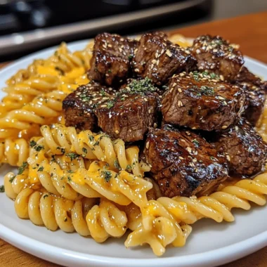 Honey Garlic Velveeta Steak Bites with Cheesy Twisted Pasta