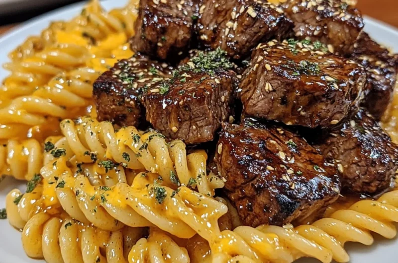 Honey Garlic Velveeta Steak Bites with Cheesy Twisted Pasta