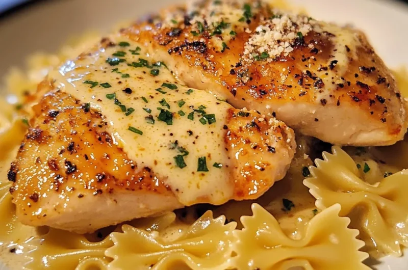 Juicy Garlic Butter Chicken with Bowtie Pasta in Creamy Parmesan Sauce