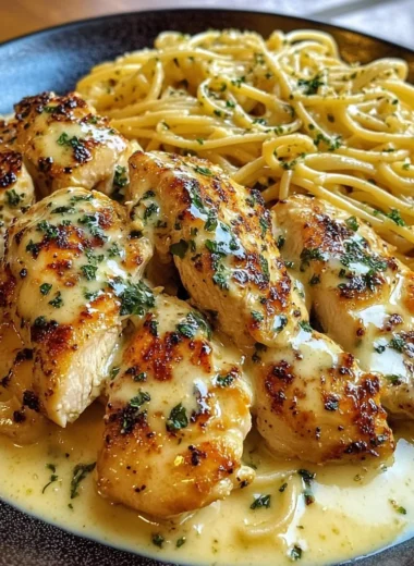 Lemon Garlic Chicken with Garlic Parmesan Cream Linguine