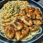Lemon garlic butter chicken served with creamy parmesan linguine