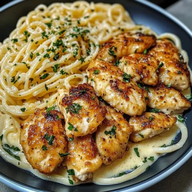 Lemon garlic butter chicken served with creamy parmesan linguine
