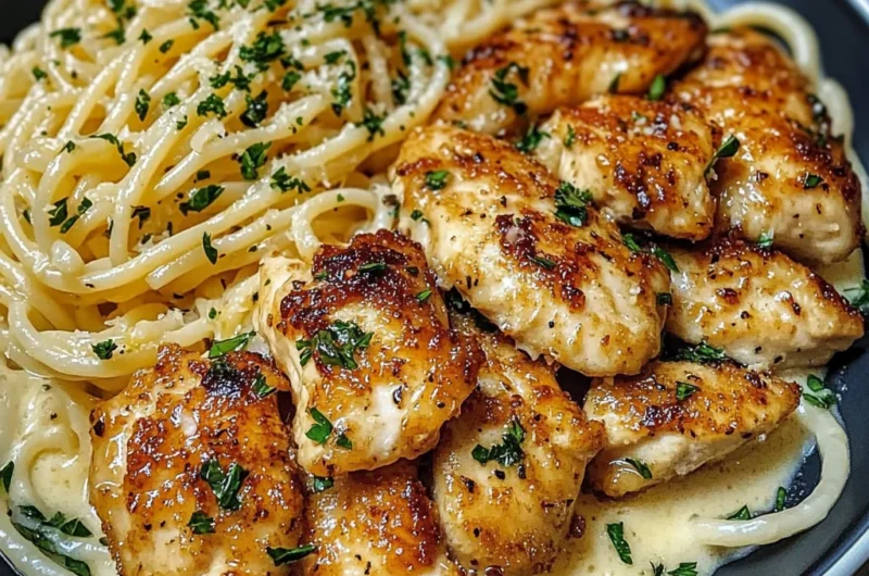 Lemon garlic butter chicken served with creamy parmesan linguine