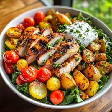 Loaded Grilled Chicken Bowl with Roasted Potatoes, Tomatoes & Herbed Yogurt Sauce