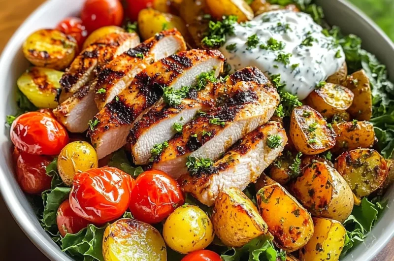 Loaded Grilled Chicken Bowl with Roasted Potatoes, Tomatoes & Herbed Yogurt Sauce