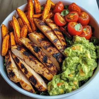Loaded Grilled Chicken Bowl with Sweet Potato Fries & Fresh Guac
