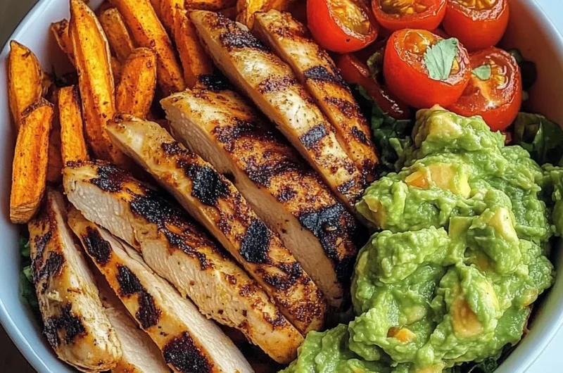 Loaded Grilled Chicken Bowl with Sweet Potato Fries & Fresh Guac