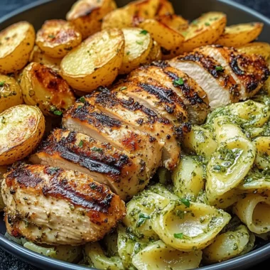 Loaded Herb Grilled Chicken with Creamy Pesto Pasta & Roasted Potatoes