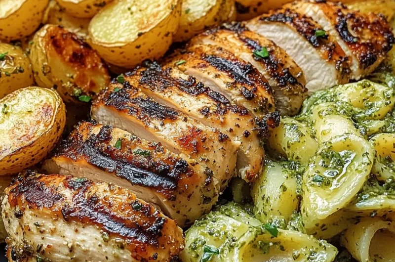 Loaded Herb Grilled Chicken with Creamy Pesto Pasta & Roasted Potatoes