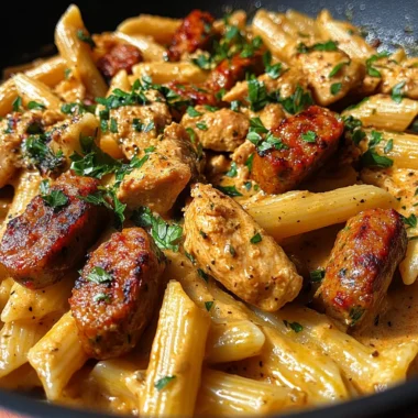 One Pot Creamy Garlic Butter Bold Cajun Chicken And Sausage Pasta