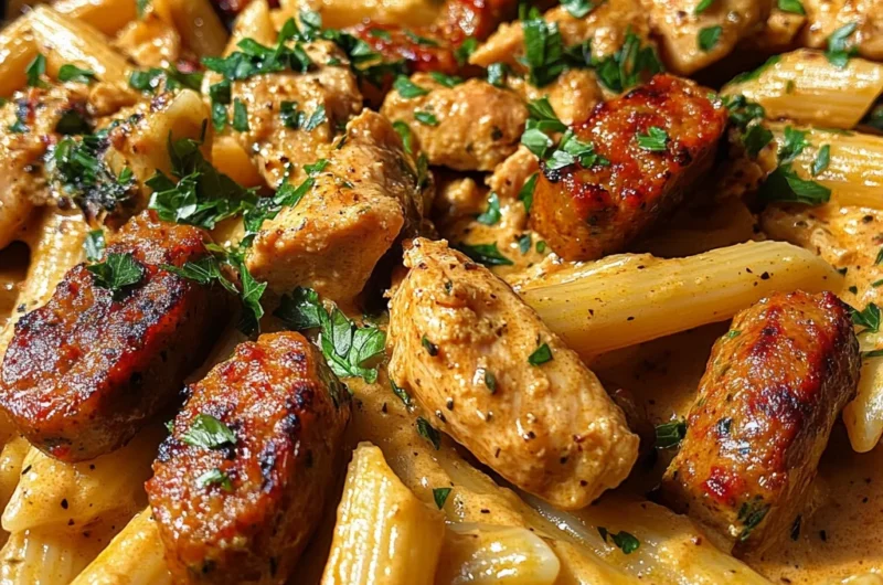 One Pot Creamy Garlic Butter Bold Cajun Chicken And Sausage Pasta