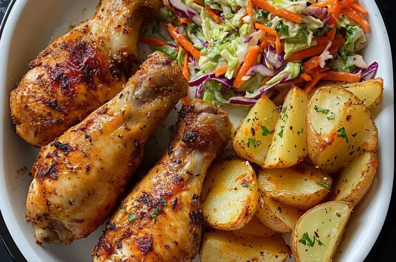 Oven-Baked Chicken Drumsticks with Potato Wedges & Fresh Slaw