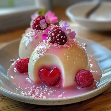 Pearlescent Lychee Elderflower Mousse Domes with Raspberry Rose Heart and Opal Glaze