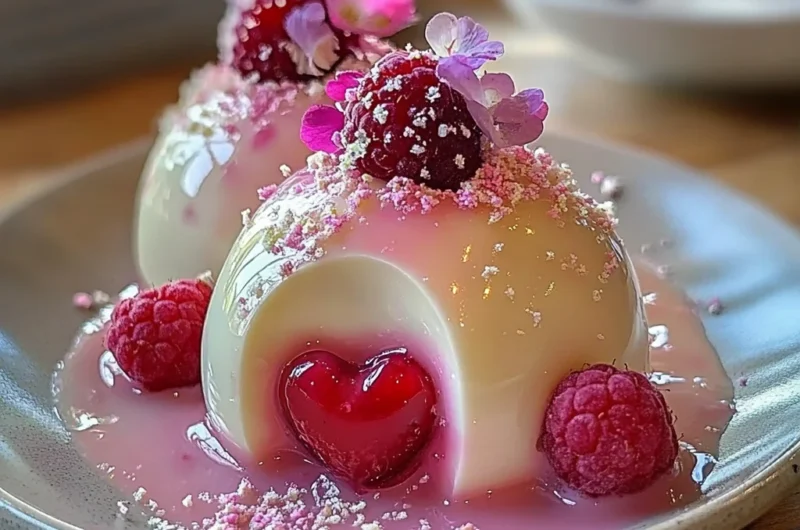 Pearlescent Lychee Elderflower Mousse Domes with Raspberry Rose Heart and Opal Glaze