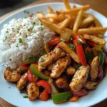 Savory Chicken Pepper Stir-Fry with Rice & Crispy Fries