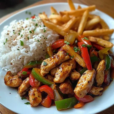 Savory Chicken Pepper Stir-Fry with Rice & Crispy Fries
