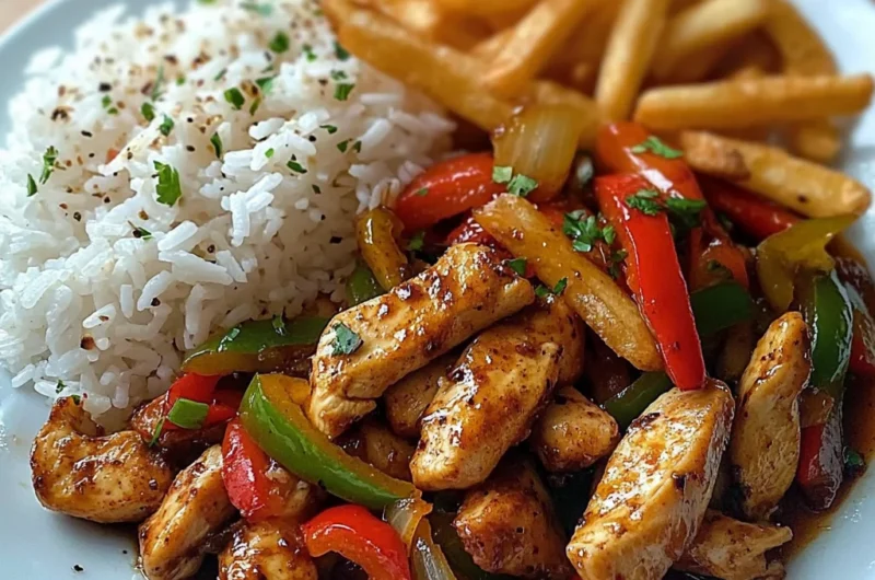 Savory Chicken Pepper Stir-Fry with Rice & Crispy Fries