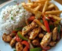 Savory Chicken Pepper Stir-Fry with Rice & Crispy Fries