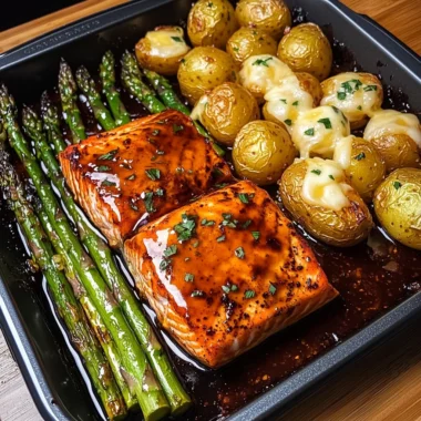 Sticky Glazed Salmon with Cheesy Asparagus & Roasted Baby Potatoes